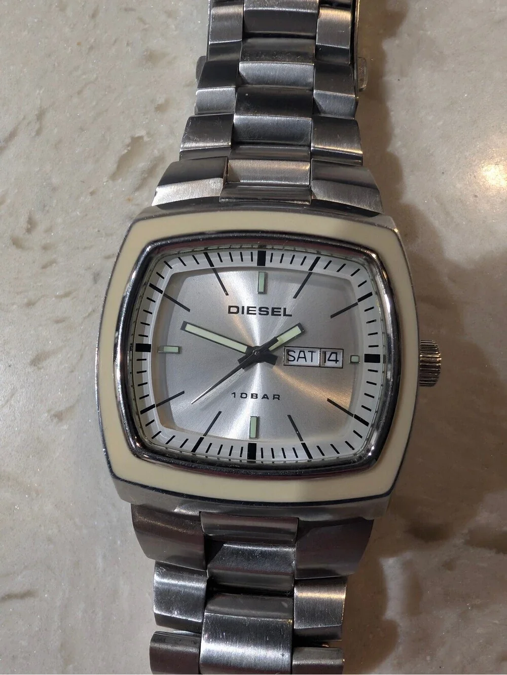 Diesel Men's Silver Stainless Steel Square Watch Day Date 10 BAR Cream Bezel